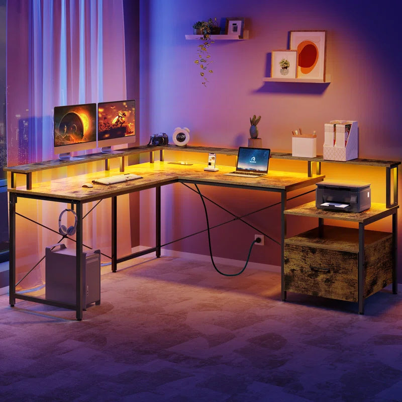 Kurtiss 68" L Shaped Computer Desk with File Drawer with Power Outlet & LED Strip