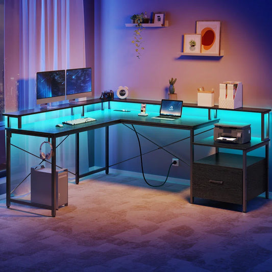 Kurtiss 68" L Shaped Computer Desk with File Drawer with Power Outlet & LED Strip