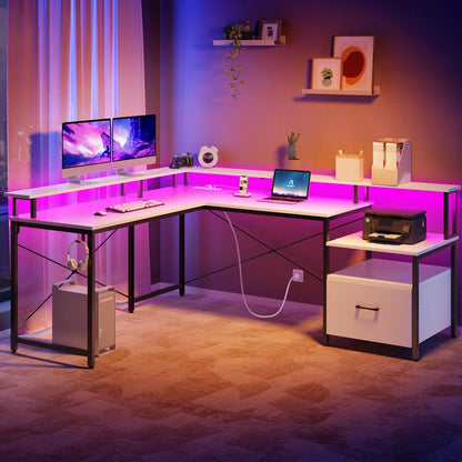 Kurtiss 68" L Shaped Computer Desk with File Drawer with Power Outlet & LED Strip