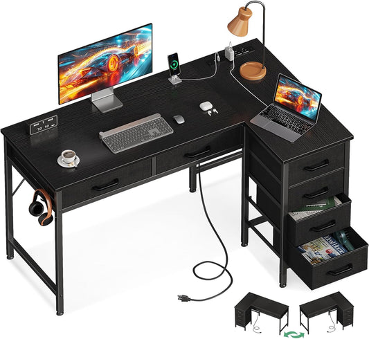 42 Inch L Shaped Desk with Drawers, Computer Desk with Power Outlets, Home Office Desk with 6 Drawers, Reversible Corner Desk for Small Space, Study Work Table with Hook, Black keep it to maximun 5 words